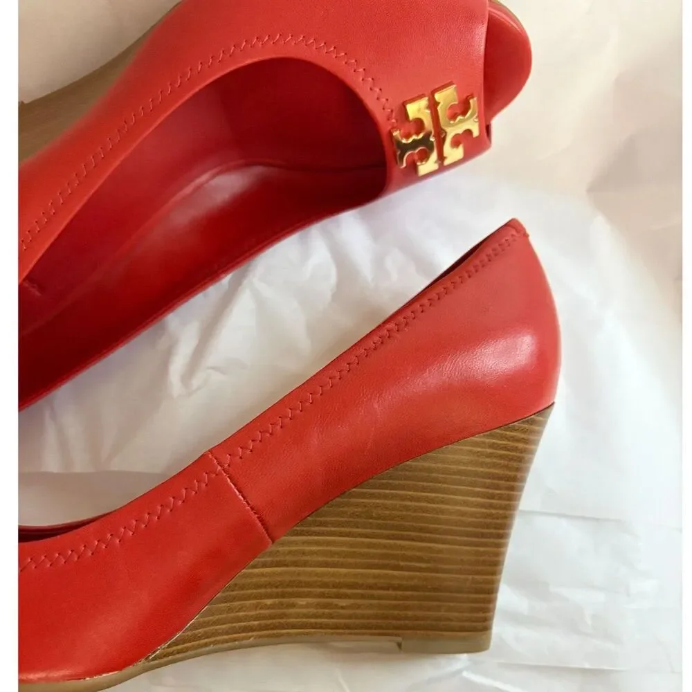 Women's Tory Burch Scarlett Red Leather Wedge Pumps Size 8.5